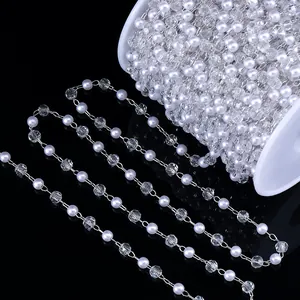 Macro view of 4mm white pearl and clear faceted crystal bead chain for DIY jewelry accessories