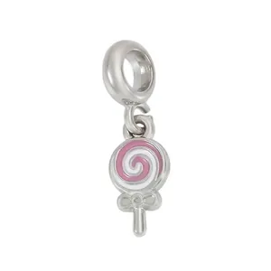 Silver tone pink swirl lollipop charm pendant with bow detail for DIY bracelet making