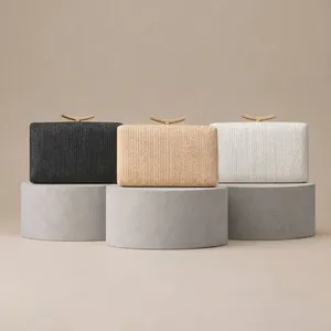 Pochette da Sera Intrecciata Donna Trama Paglia Guscio Rigido Borsa Chiusura Dorata Banchetto Festa Matrimonio Borsa