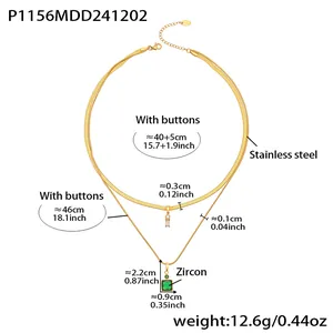 Double-layered stainless steel necklace with green zircon pendant and size measurements