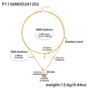 Measurement details for a gold double-layer stainless steel necklace with pink zircon