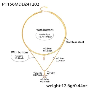 Double-layer stainless steel necklace with square zircon pendant and detailed dimensions