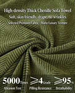 Nahaufnahme von grünem Chenille-Sofaüberwurf mit Fischgrätmuster und weichem Fall
