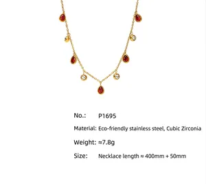 Detailed view of teardrop rhinestone necklace with material and size specifications