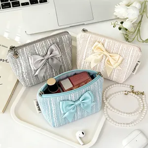 Mini Monedero De Tweed Bolsa De Maquillaje Con Gran Lazo De Satén Cremallera Pequeña Bolsa Portátil Para Mujeres Estilo Elegante