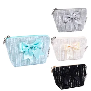 Monedero dulce con lazo en tela de tweed elegante estilo Chanel para mujeres