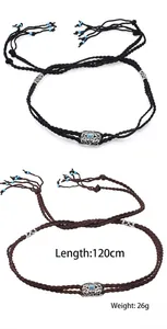 Hand-woven ethnic hair rope with turquoise accents and tassels, 120cm long detail view