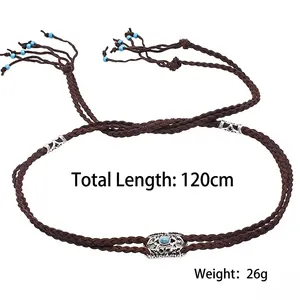 Ethnic braided hair rope with turquoise accent and tassels 120cm long 26g weight