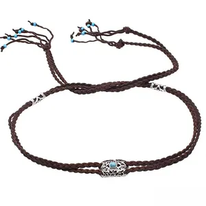 Bohemian handmade braided hair rope with turquoise beads and ethnic silver ornaments