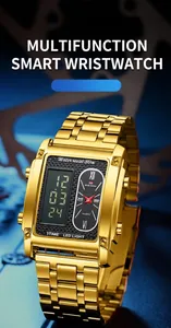 Close-up detail of a square gold dual-display electronic watch with water resistance