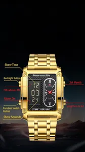 Close-up of gold square digital watch showing functional buttons and dual display details.
