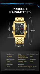 Gold square dual movement digital watch with stainless steel band and 30m water resistance.