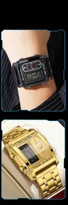 Square dual-display men's watch with analog and digital time, gold and black finish.