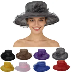 Elegante Dames Organza Zonnehoed Met Brede Rand En Grote Bloem Decor Ademend Opvouwbaar Voor Bruiloft Feest Kerk