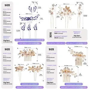 Detailed dimensions for handmade bridal hair comb sets with rhinestones and pearls.