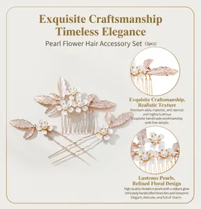 Detailed look at a handmade bridal hair comb set with white flowers and pearls