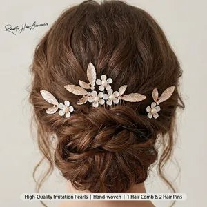 Elegant handmade bridal hair accessory set with golden leaves and white flowers