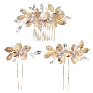 Elegant bridal hair accessory set with gold flowers, crystals, and pearls