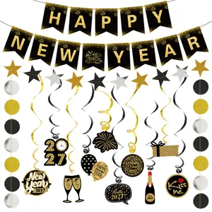 2026 Happy New Year Decorations Black Gold Fireworks Banner Star Circle Garland Hanging Swirls For New Year Eve Party