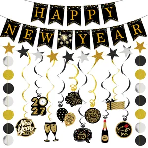 Full set of black and gold 2027 Happy New Year party decorations with banners and swirls