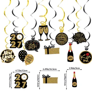 Detail view showing dimensions of black and gold 2027 New Year hanging swirl decorations
