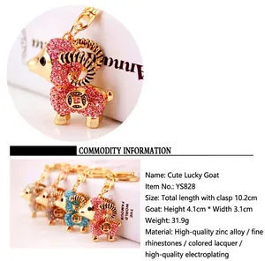 Detailed views of sparkling rhinestone sheep keychains in pink, blue, and gold finishes.