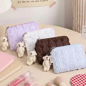 Kosmetiktasche Chiffon Plüsch Kulturbeutel Bärenanhänger Reißverschluss Einfarbig Tragbarer Organizer Für Frauen