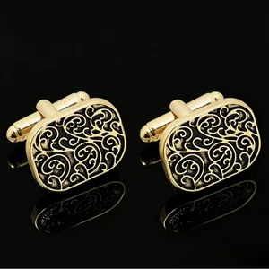 Gemelos de Aleación Vintage para Hombre Esmalte Negro Patrón de Volutas Oro Plata Cuadrado para Camisa de Boda Negocios