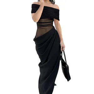 Sexy off-shoulder black maxi dress with mesh waist cutout and draped silhouette