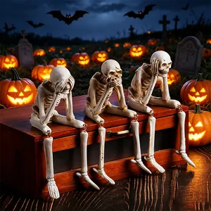 Figurines de Squelette en Résine d'Halloween Avec Jambes Pendantes Ne Rien Voir Entendre Dire Gothique Décoration Maison Fête