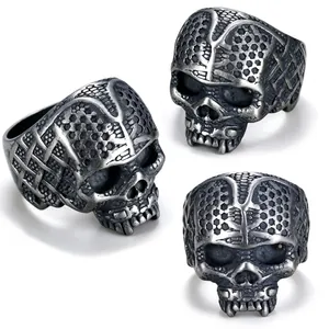 Bague Crâne Acier Inoxydable Style Punk Gothique Vintage Bijoux Hommes Thème Halloween Texturé Accessoires Métal Biker