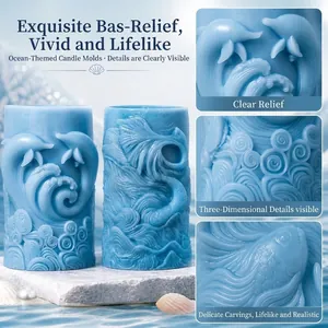 Stampi in silicone per candele tema oceano con rilievi di delfini e onde per il DIY