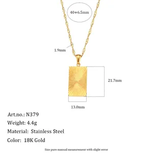 Vintage 18K gold plated stainless steel necklace with sunburst striped rectangular pendant