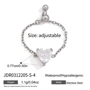 Adjustable stainless steel chain ring with clear heart-shaped zircon centerpiece