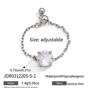 Adjustable stainless steel chain ring with sparkling round zirconia stone