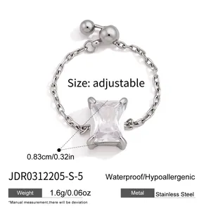 Elegant adjustable stainless steel chain ring featuring a large square cubic zirconia stone