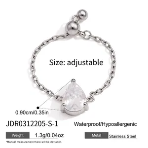 Adjustable stainless steel chain ring with pear-cut clear zircon stone, hypoallergenic
