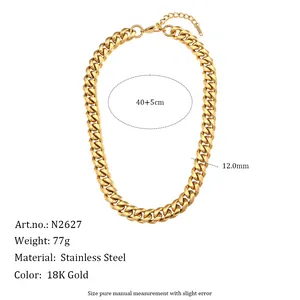 Premium 12mm golden stainless steel Cuban link necklace for women hip hop style
