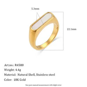 Bague minimaliste en acier inoxydable plaqué or 18 carats avec nacre naturelle