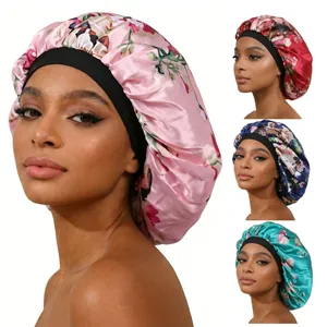 Women Adjustable Satin Sleep Bonnet Floral Leopard Print Night Hair Care Cap With Wide Elastic Band Silky Head Wrap Hat