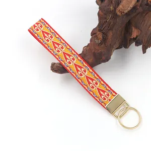 Close-up of bohemian embroidered strap with intricate ethnic patterns on keychain.