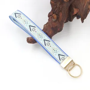 Bohemian ethnic embroidered wristlet strap keychain with premium gold metal ring hardware