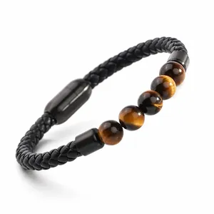 Bracciale in pelle intrecciata fatto a mano con perle occhio di tigre da 6 mm e chiusura