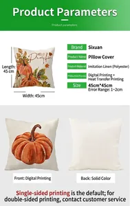 Vista dettagliata della fodera per cuscino decorativo con zucca, materiale e misura.