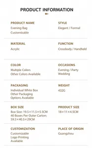 Detailed product specifications for acrylic evening clutch with dimensions and weight