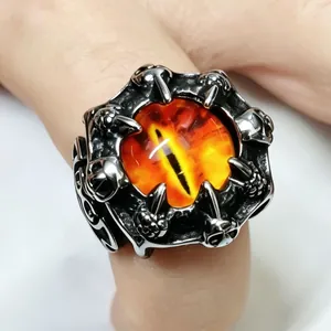 Detailed close-up view of a retro punk stainless steel dragon claw ring featuring an orange eye