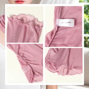 Roze 100% moerbeizijde mesh nekwarmer met ruches voor uv-bescherming in de zomer