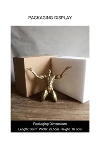 Detail view of vintage muscular man sculpture with packaging box and dimensions