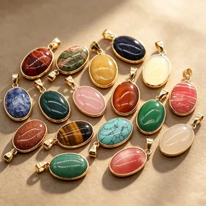 Natural Oval Gemstone Pendant With Gold Plated Copper Edge Agate Crystal Tiger Eye Rose Quartz Necklace For Women Jewelry