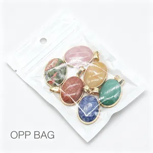Collection of six colorful oval natural stone pendants with elegant gold plated borders